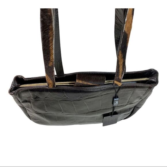 Falor Deep Brown Crocodile Embossed Leather Shoulder Bag Purse Calf Hair Strap - Picture 3 of 13